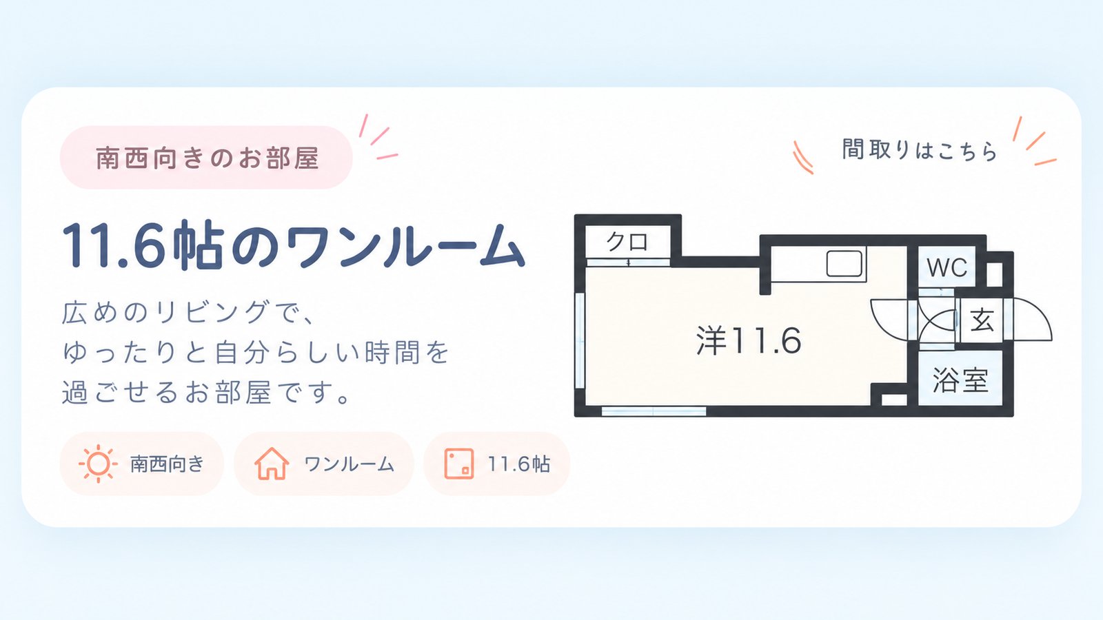 南西向き・11.6帖ワンルームのお部屋の間取り紹介